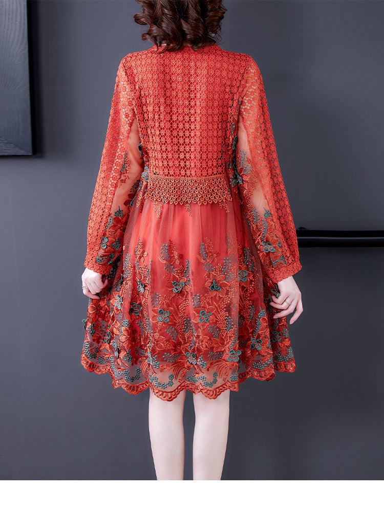 Women Mesh Embroidery Patchwork Vintage Lace Hollow Out Mini Dress
