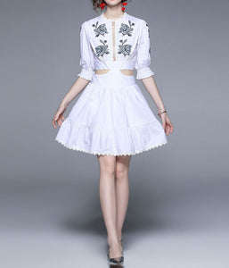 Women Embroidered Puff Sleeves Chic Temperament Lace Mini Dress
