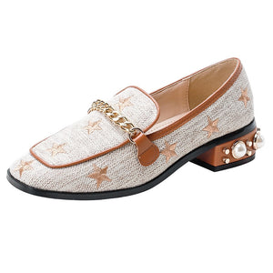 Women Embroidery Pearl Flax Chain High Heel Shoes