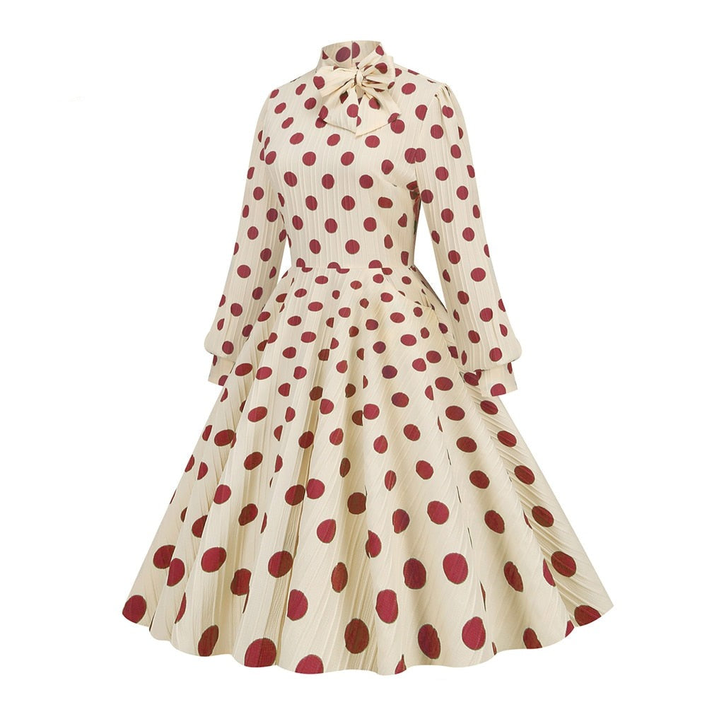 Women Vintage Bow Neck Polka Dot Elegant Midi Dress