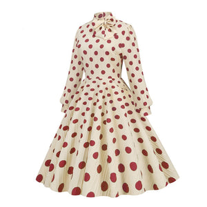 Women Vintage Bow Neck Polka Dot Elegant Midi Dress