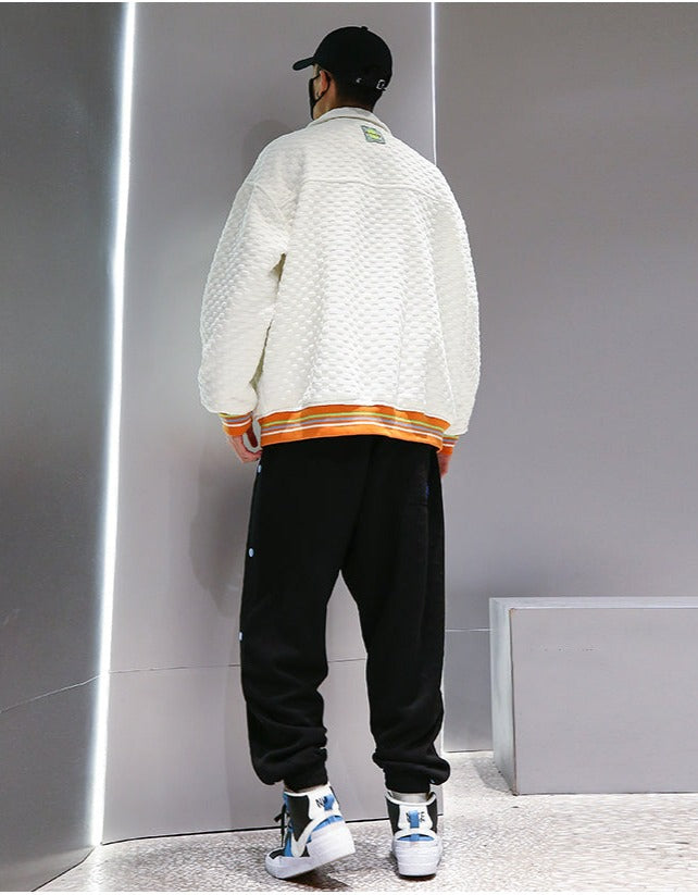 Men Hip Hop Waffle Plaid Jacket Streetwear Embroidery Label Coat