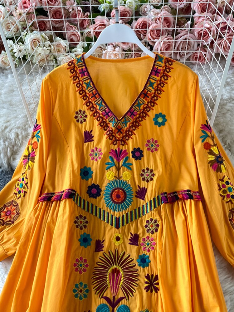 Women Bohemian Embroidered V-Neck Dress