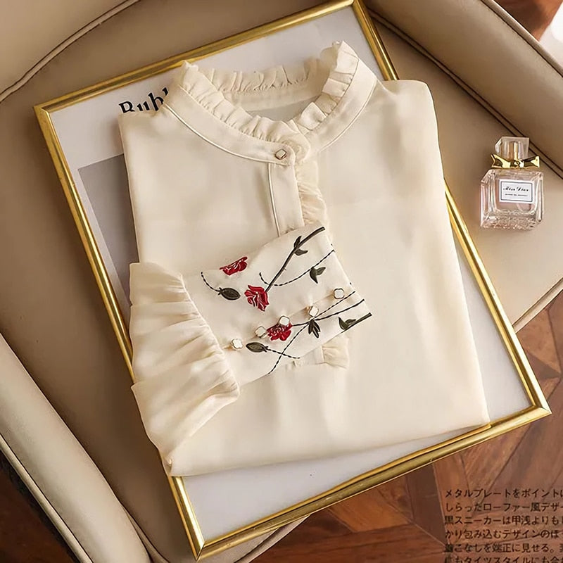 Women Embroidered Vintage Silk Blouse