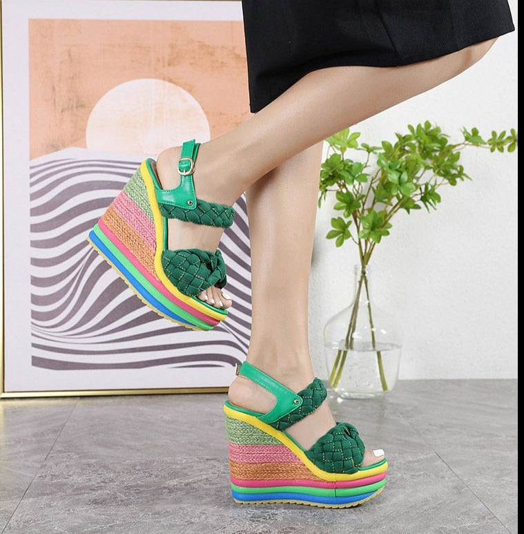 Women Rainbow Wedge High Heels Sandals