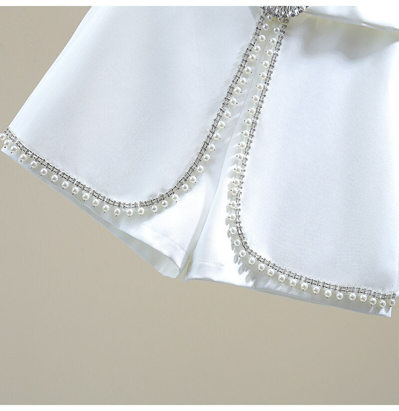 Women Beads Diamond A- Line Wide Leg  Short Pantskirt