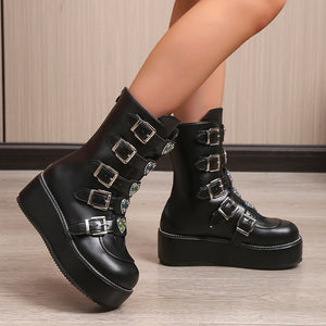 Women Heart Buckles Goth Platform Motorcycles Boots