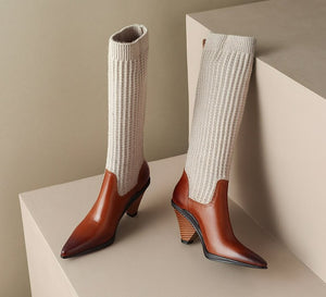Women Knee-high Pointed Toe Elegant Splicing Boots