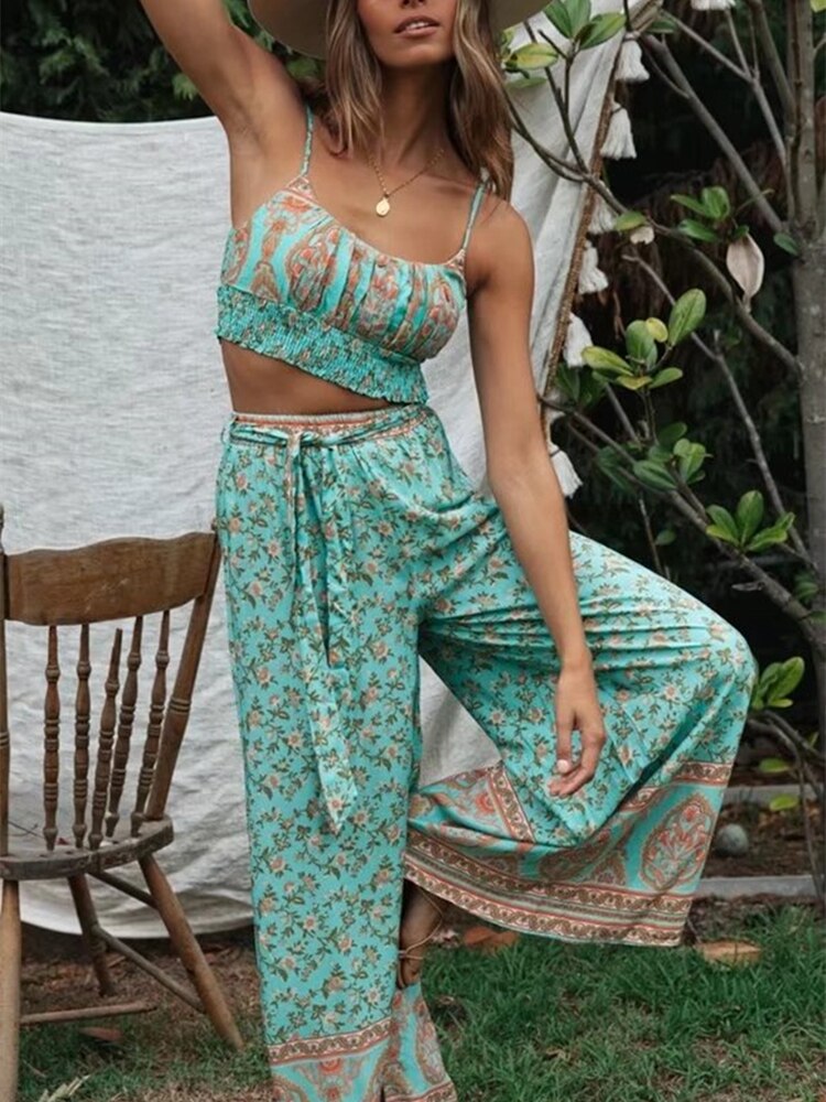Women Bohemian Floral Print Two Piece Outfits Sets
