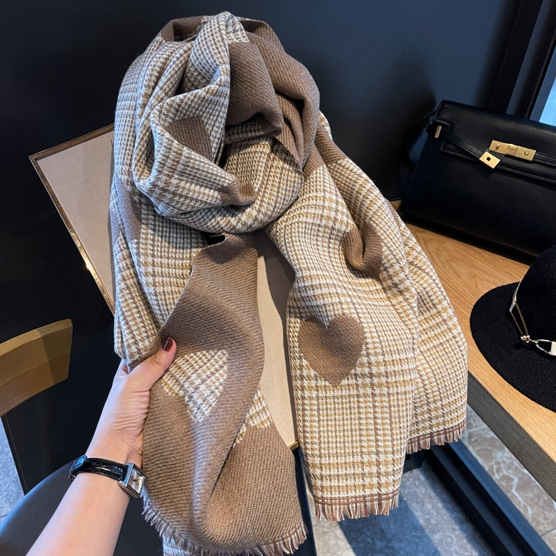 Women Cashmere Knitted Heart Plaid Scarf