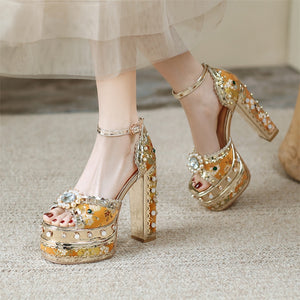 Women Floral Metallic Studded Square Heels Sandal