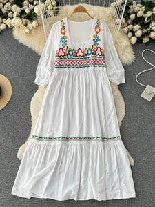 Women Bohemian Embroidered Square Neck Dress