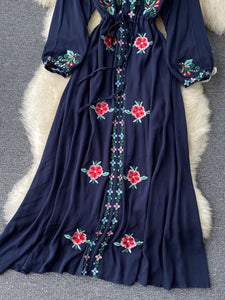 Women Retro Embroidered V-neck Lantern Sleeve Dress