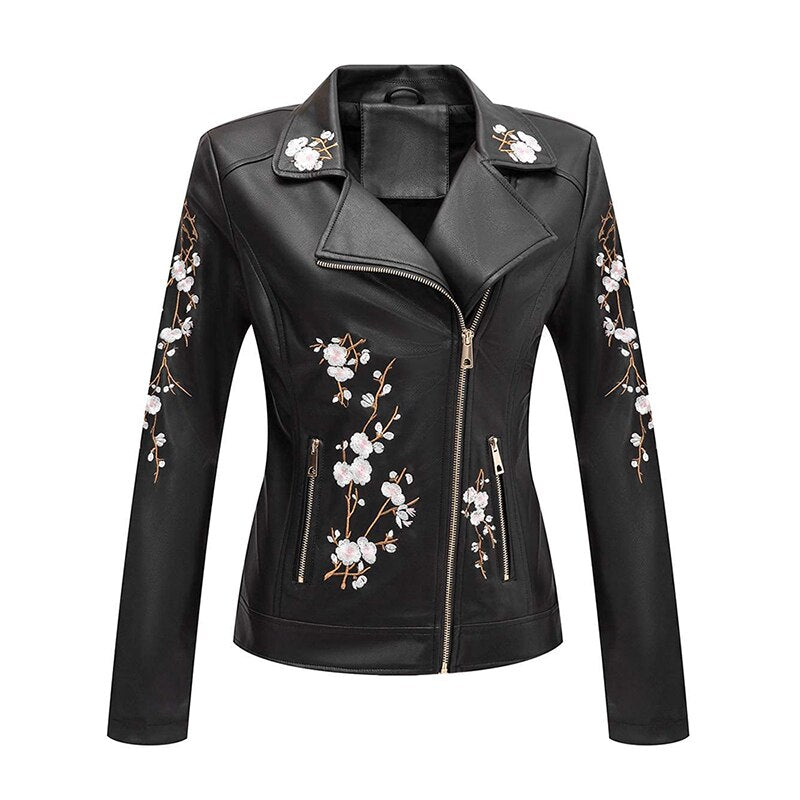 Women Floral Embroidery PU Leather Moto Biker Jacket