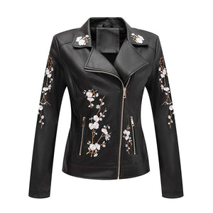 Women Floral Embroidery PU Leather Moto Biker Jacket
