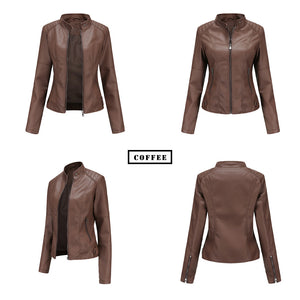Women Slim Stand Collar PU Leather Coat Solid Outwear Jacket