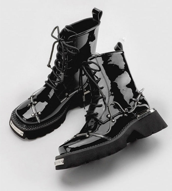 Women Square Toe Ankle Lace Up Metal Boots
