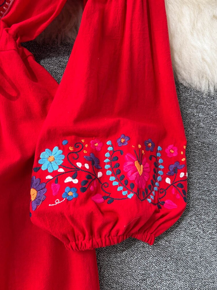 Women Retro Embroidered Slim Lantern Sleeves Dress