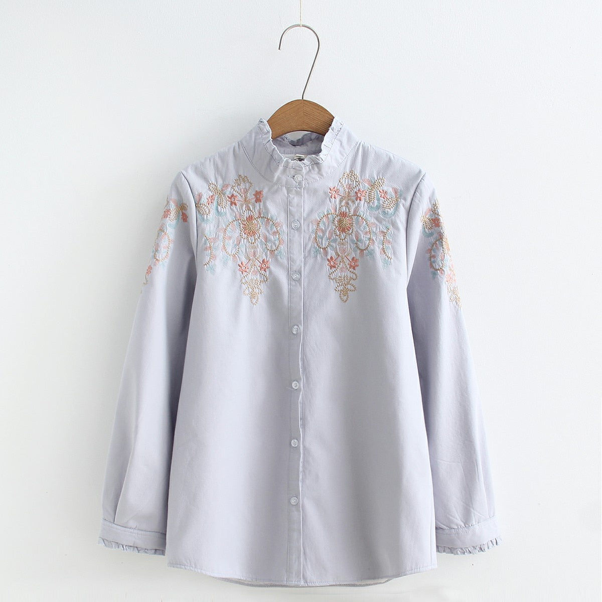 Women Embroidery Flower Blouse Slim Causal Shirts