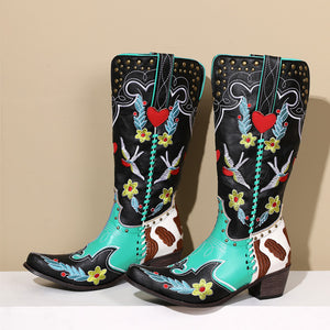 Women Handmade Rivets Embroidery Western Cowboy Knee High Boots
