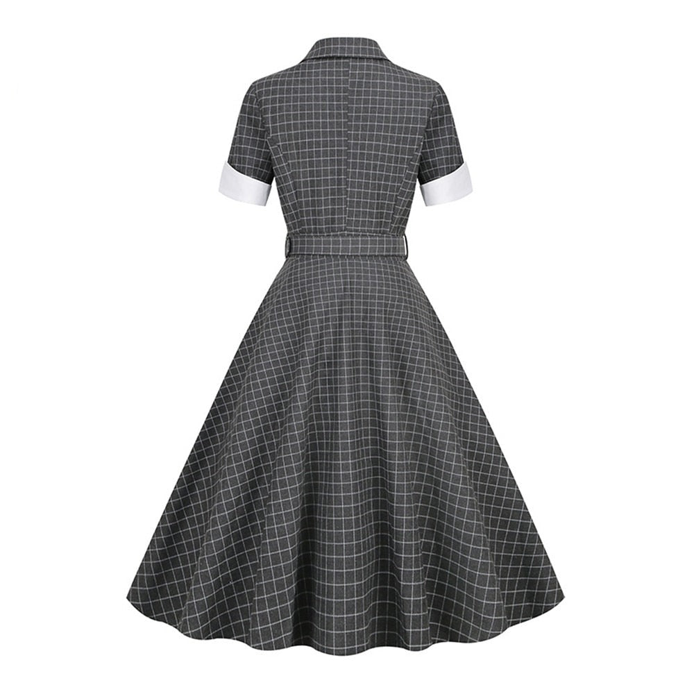 Women Notched Collar Rockabilly Belted Vintage Dress
