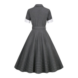 Women Notched Collar Rockabilly Belted Vintage Dress