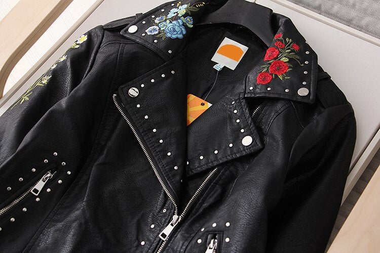 Women Embroidered Floral Faux Leather Bomber Jacket
