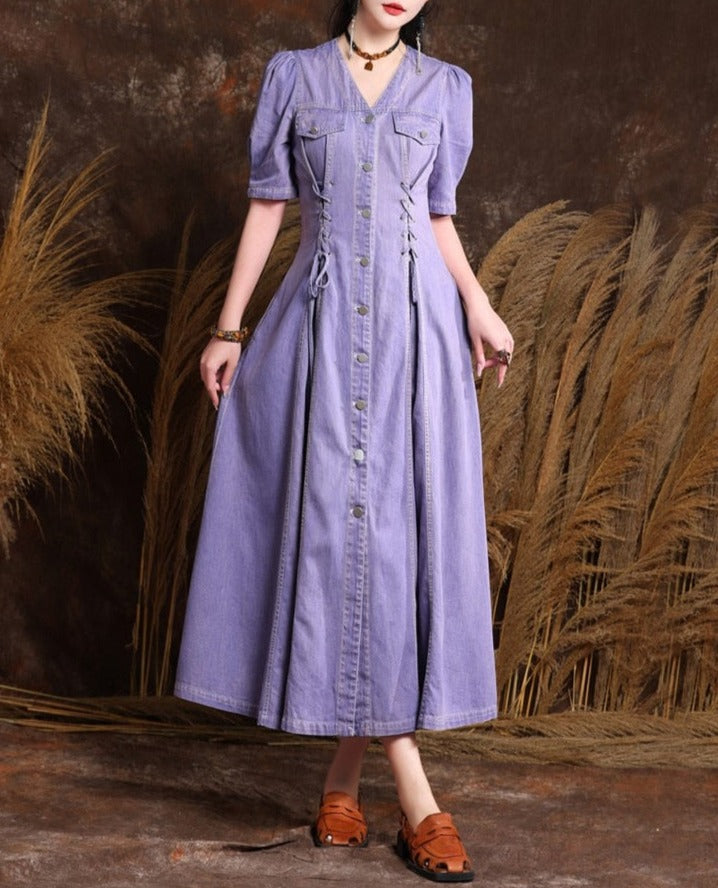 Women Retro Slim Denim Drawstring Dress
