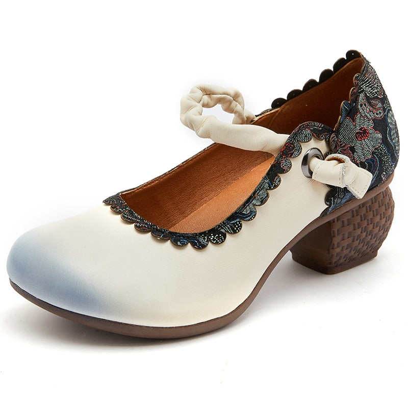 Women Retro Handmade Floral Genuine Cow Leather Shoes