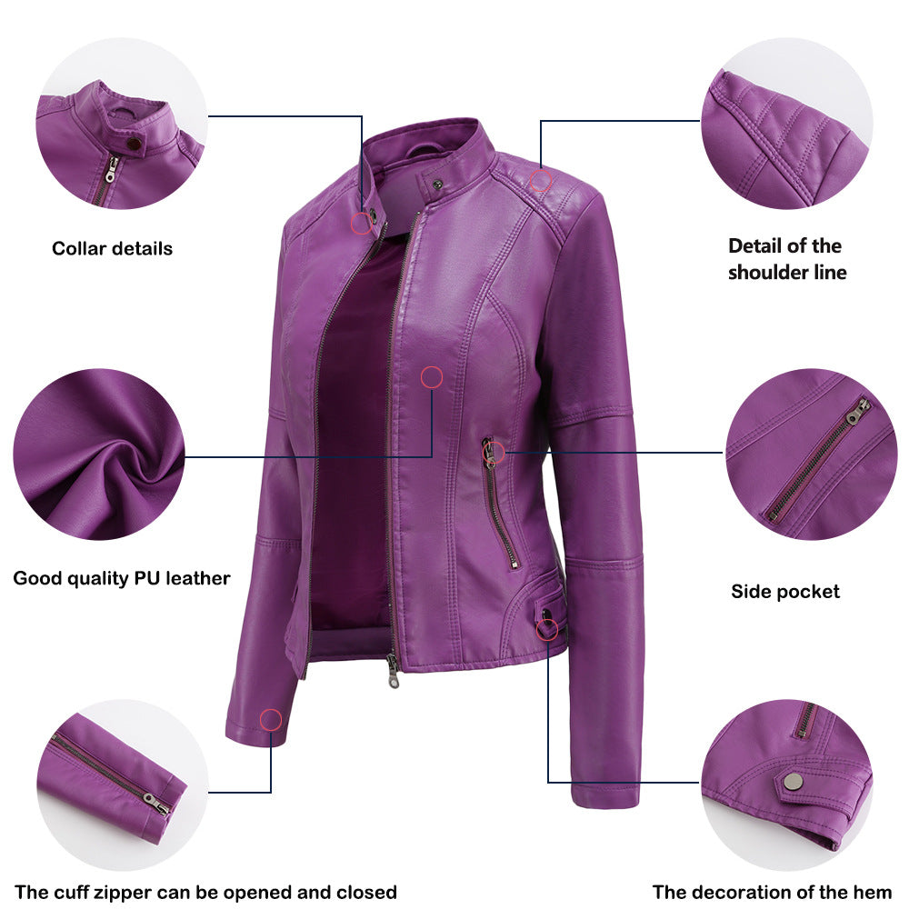 Women Slim Stand Collar PU Leather Coat Solid Outwear Jacket