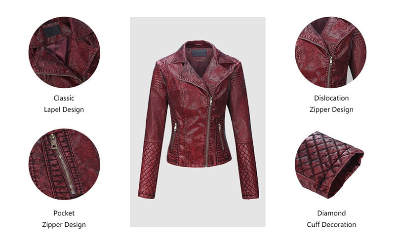 Women Floral Embroidery PU Leather Moto Biker Jacket