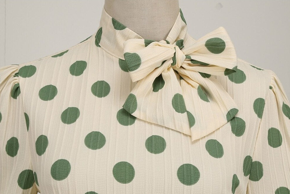 Women Vintage Bow Neck Polka Dot Elegant Midi Dress