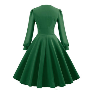Women Vintage Bishop Sleeve V-Neck Swing Dress