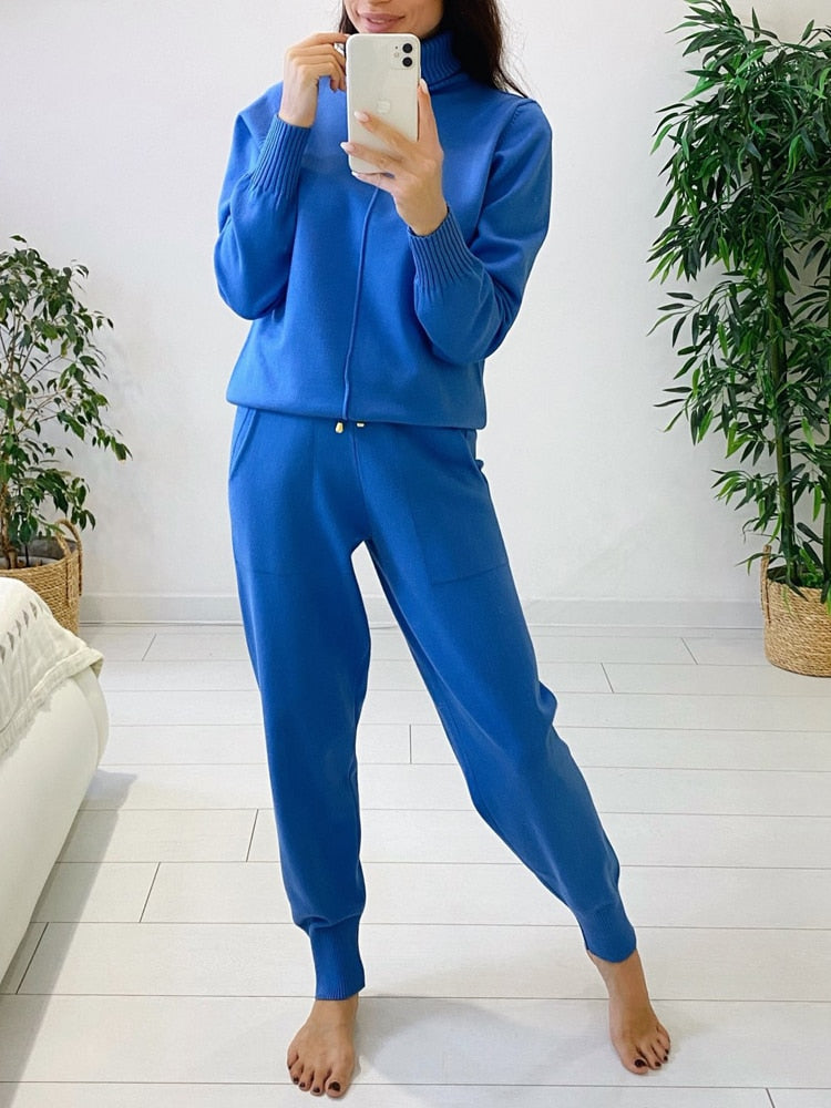 Women Knitted Tracksuit Turtleneck Sweater Carrot Jogging Pant 2 Pcs Set