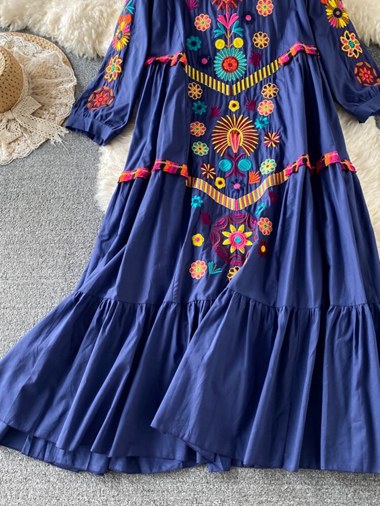 Women Bohemian Embroidered V-Neck Dress