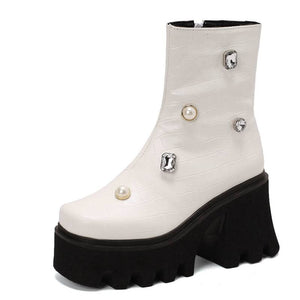 Women Mid-Calf Chunky Platform Rhinestone Boots