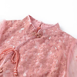 Women Cheongsam Lace Mesh Vintage Jacquard Slim Dress