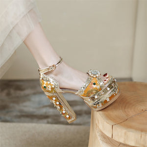 Women Floral Metallic Studded Square Heels Sandal