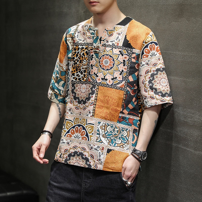 Men Harajuku Cotton Linen Thai Style Shirt