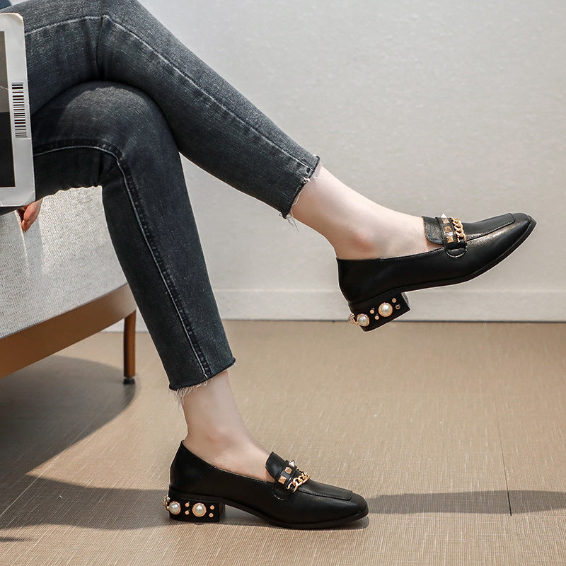 Women Embroidery Pearl Flax Chain High Heel Shoes