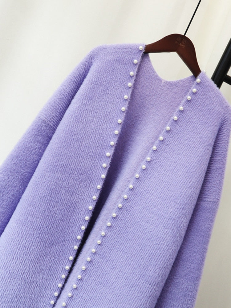 Women Beaded Imitation Mink Knitted Cardigan