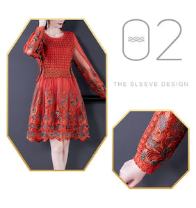 Women Mesh Embroidery Patchwork Vintage Lace Hollow Out Mini Dress