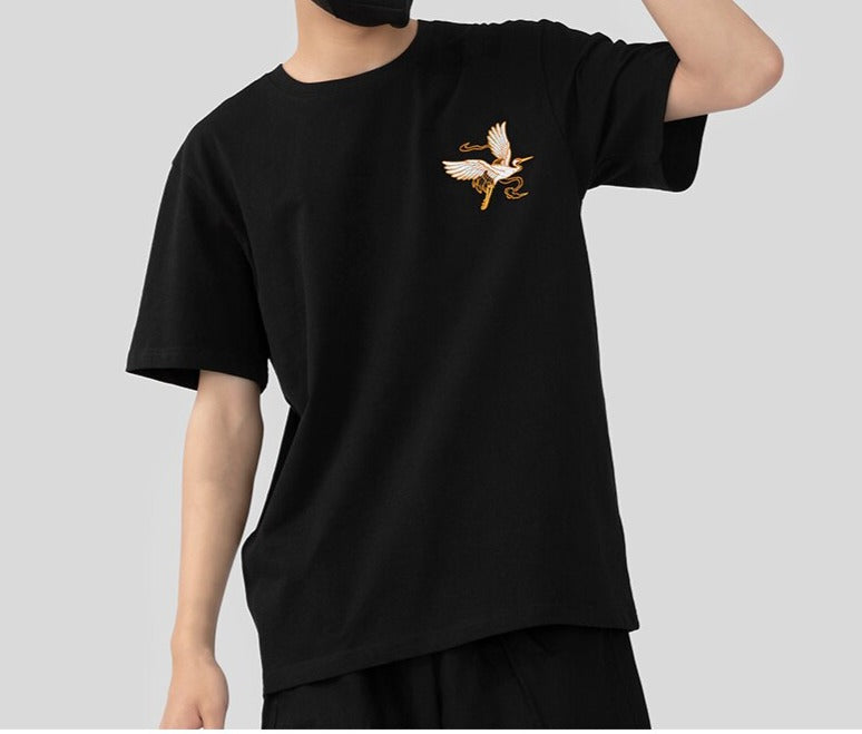 Unisex Harajuku Vintage Crane Embroidery T-Shirt