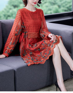 Women Mesh Embroidery Patchwork Vintage Lace Hollow Out Mini Dress