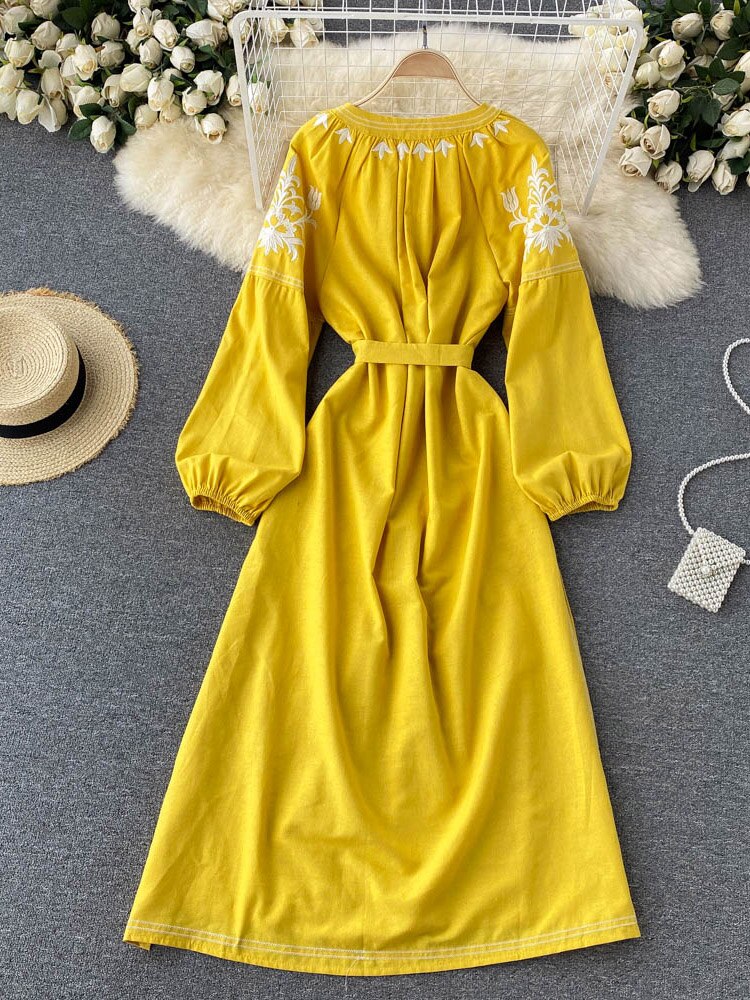 Women Embroidered V-neck Tie Split Retro Dress