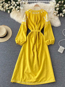 Women Embroidered V-neck Tie Split Retro Dress