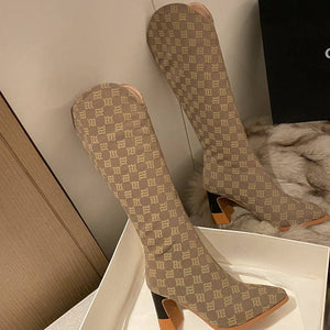 Women Knee-high Boots Pointed Toe Chunky Heels