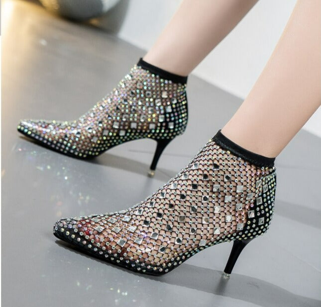 Women Rhinestone Crystal Mesh Pointed Toe Ankle Boots