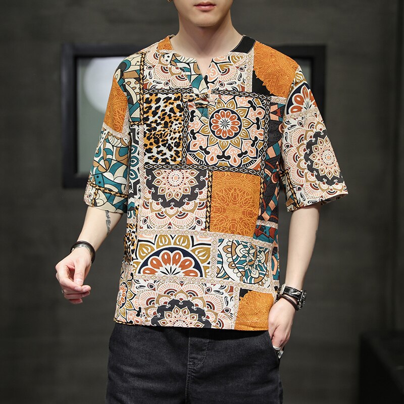 Men Harajuku Cotton Linen Thai Style Shirt