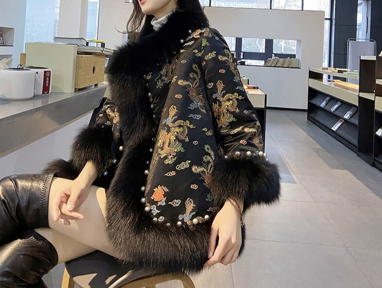 Women Embroidery Thick Warm Winter Luxury Furry Jacket